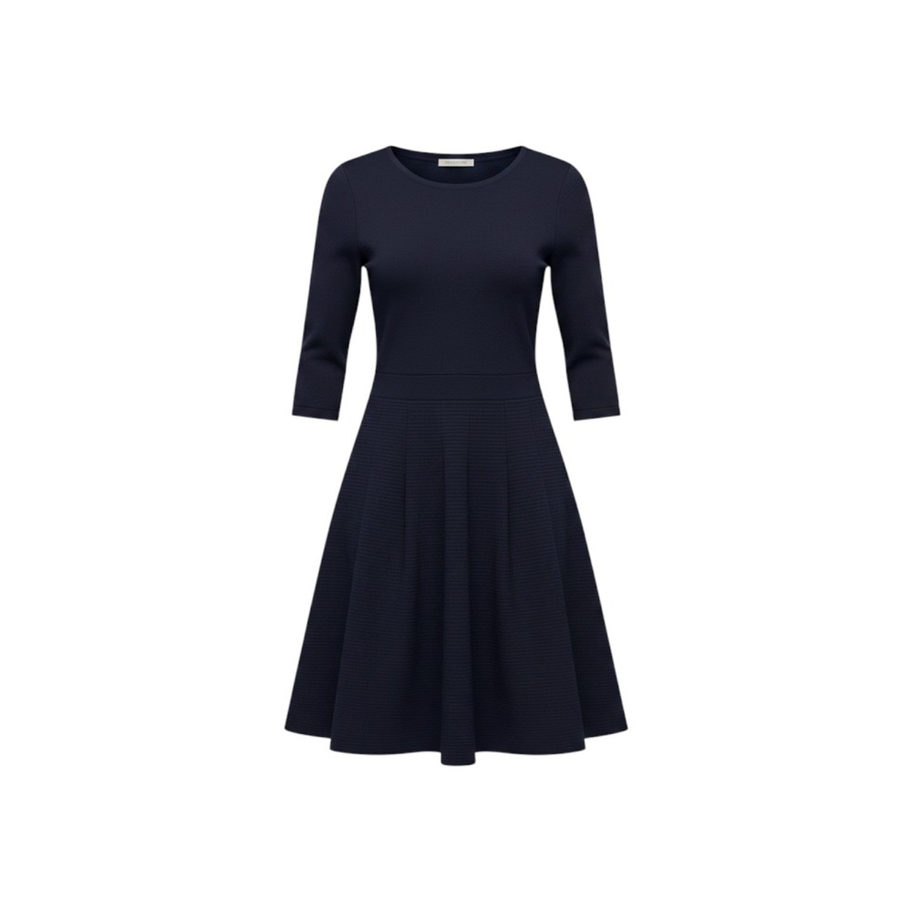 Talbots Navy Blue Ribbed Fit and Flare Sweater Dress 3/4 Sleeve XS Gold Zipper